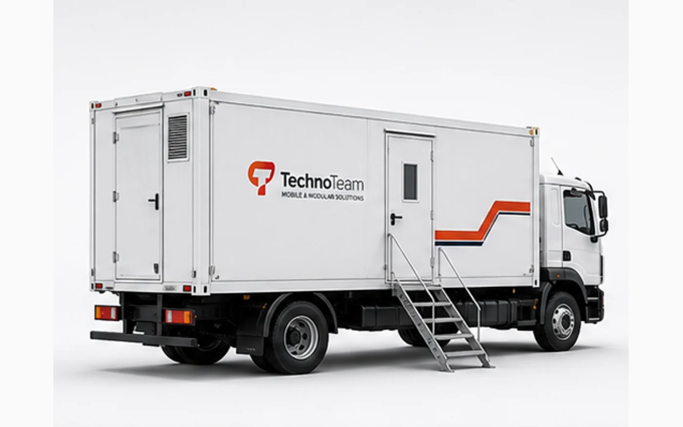 Truck-mounted TechnoTeam mobile hospital container in white studio view