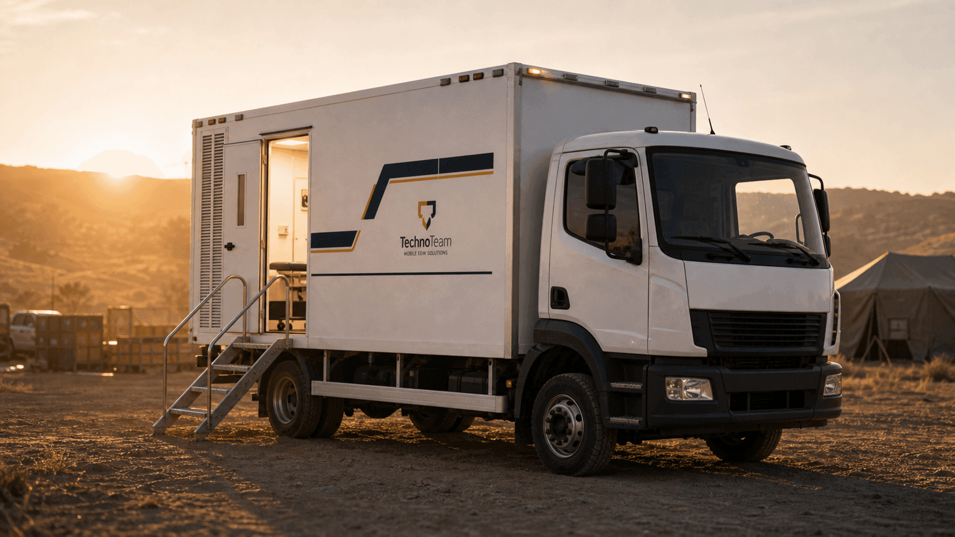 TT mobile hospital truck deployed at golden hour